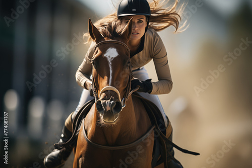 Focused equestrian in mid-gallop