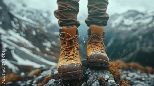 Snowy mountain adventure with boots in focus