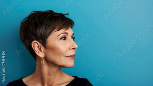 Generative AI : Middle aged woman with pixie haircut on blue background with copy space