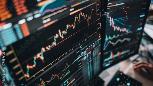 Generative AI : Charts of financial instruments with various type of indicators including volume analysis for professional technical analysis on the monitor 