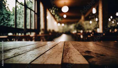 Wood background with a restaurant view , copyspace banner
