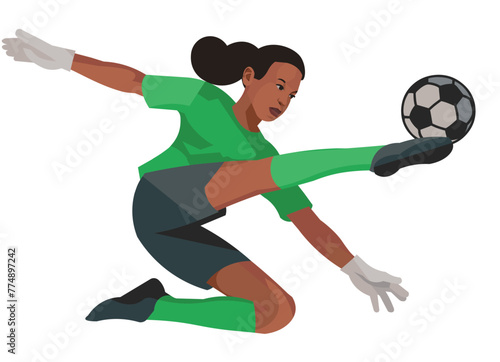 Nigerian teenager girl women's football goalkeeper in green sports gear kicks the ball with her foot