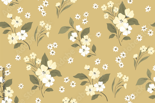 Seamless floral pattern, abstract ditsy print, nature ornament in neutral colors. Botanical wallpaper, textile design: hand drawn flowers, branches, leaves on a beige background. Vector illustration.