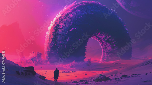 Giant sand worm in the desert in neon colors