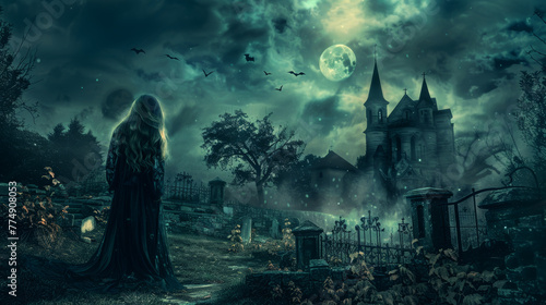 scary halloween background with a haunted ghost girl on a graveyard
