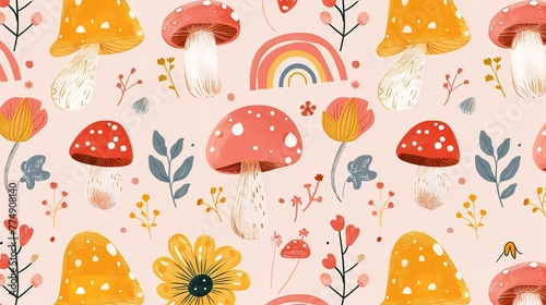 Cute seamless pattern of mushroom with a peach backdrop a beautiful background illustration, Generative AI.