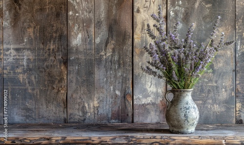 A rustic wooden table adorned with a weathered vase filled with wildflowers