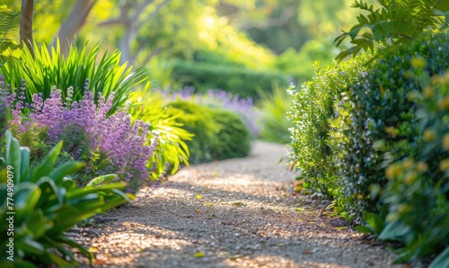 A serene garden path lined with lavender flowers