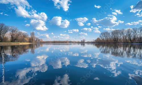 A serene spring lake reflecting the clear blue sky and fluffy white clouds