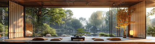 Traditional tea house with wooden architecture and peaceful garden viewsHyperrealistic