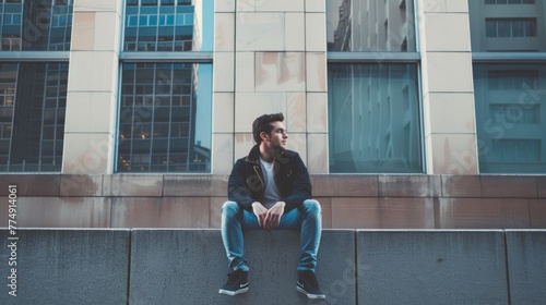 A man sitting on a ledge in front of tall buildings, AI