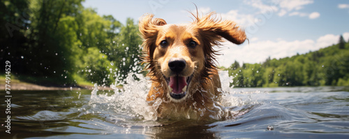 Happy dog swimm in river. Dog play in water. banner