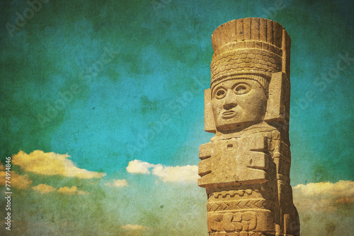 Vintage image of Toltec Warriors or Atlantes columns at Pyramid of Quetzalcoatl in Tula, Mexico..