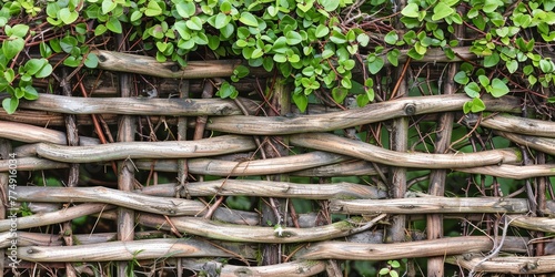 cottage-style wattle fence, using intertwining branches and twigs for a charming, eco-friendly barrier around the garden.