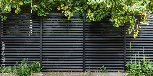 Horizontal Slatted Wooden Fence painted in charcoal black