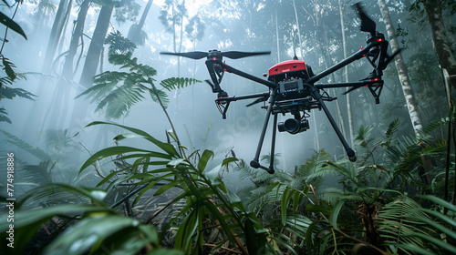 Drone equipped with thermal imaging technology, assisting in locating missing persons in dense forest areas