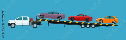 Car transporter pickup truck loaded with different cars isolated. Vector illustration.