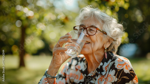 Old elderly woman enjoying a glass of water to hydrate herself with fresh air of a park on summer heatwave
