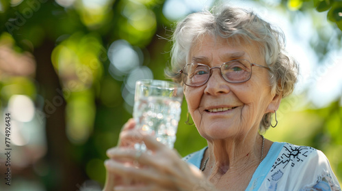 Old elderly woman enjoying a glass of water to hydrate herself with fresh air of a park on summer heatwave