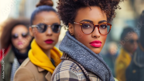 A group of women wearing glasses and scarves are standing in a line, AI