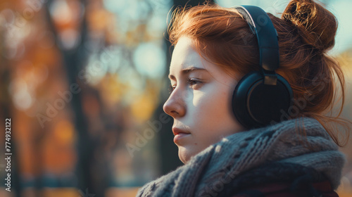 Mulher pensativa escutando musicas com um headphone