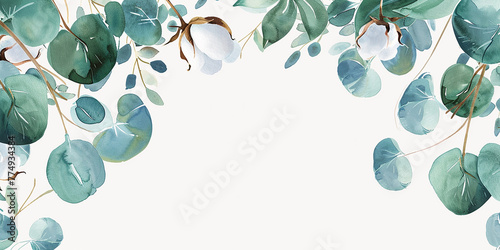 watercolor drawing, frame of eucalyptus leaves and cotton bolls. delicate decoration for postcard, wedding invitation