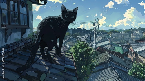 AI generated image of black cat with blue eyes walks on rooftops. Cartoon anime art style. Concept of anime culture, fantasy, imagination, fairytale, human-emotions.