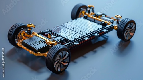 Electric Vehicle Chassis with battery pack on white background.