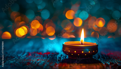 Lit candle with warm glow and bokeh lights on a blue background, concept for the International Day of Light