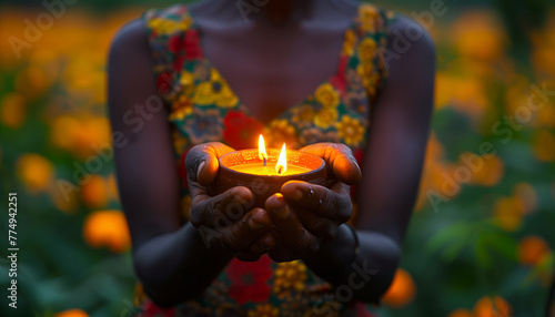 Person holding a lit candle in cupped hands with a blurred background of flowers at dusk, concept for the International Day of Reflection on the 1994 Genocide against the Tutsi in Rwanda