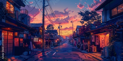 Beautiful empty, Japanese, Tokyo city town in evening at sunset. houses at street. anime comics artstyle. Cozy lofi asian architecture. Concept of tourism, urban lifestyle. Neon light.