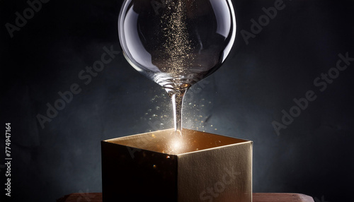 illustration d'un boule en verre avec des paillettes de couleur or dedans en apesanteur et en dessous une boite cadeau de couleur or sur un fond noir