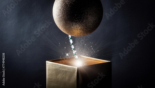 illustration d'une boule dorée en apesanteur au dessus d'une boite cadeau sur un fond noir