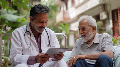 Happy geriatric young doctor and senior Indian patient man discussing modern technology, healthcare, using digital tablet together, looking at display 