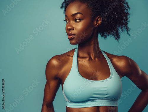 Modella di fitness femminile afroamericana in top blu chiaro e muscoli addominali ben definiti, sfondo tono su tono, azzurro, sport