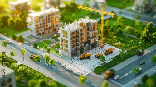 Showcase a birdâ€™s-eye view of a construction site mock-up with detailed blueprints and 3D apartment 