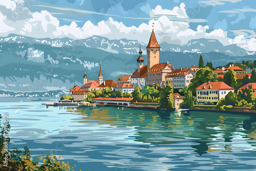 Malerei des Bodensees: Idyllische Landschaft mit klarem Wasser und Alpenpanorama