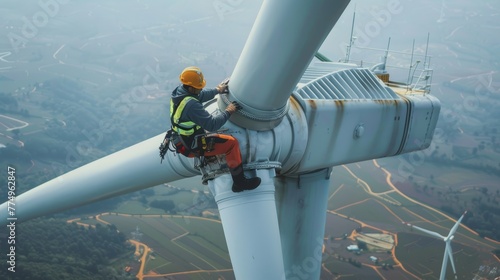 Inspection engineers preparing to rappel down a rotor blade of a wind turbine