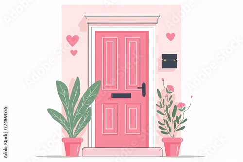 a pink door with plants and flowers