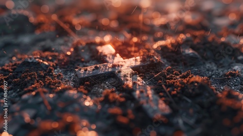 Glow of Faith at Dusk, close-up of a Christian cross amidst ashes, capturing the serene ambiance and symbolizing religious devotion and reflection