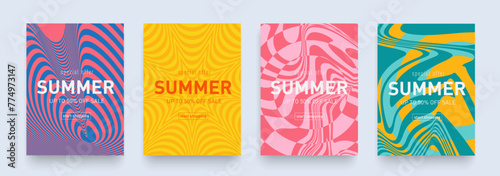 Set Geometric Psychedelic Summer Retro Set Yellow, Pink, Red, Blue, Turquoise Colors. 3d art 50s of hippy illusion. Background Wavy Trippy Patterns offer 50% for Banner, Poster, Card, Cover.