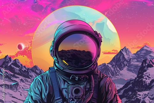 a astronaut in a space suit with a mountain and a sunset