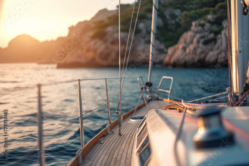 Golden sunset light on yacht deck, cliffs and sea in soft focus. Calm waters surround luxury vessel at dusk