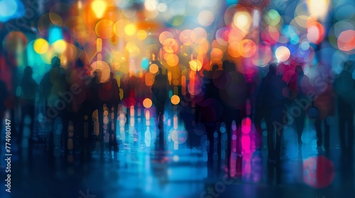 Gathering of urban dwellers: abstract blur of cityscape with crowded streets and silhouettes