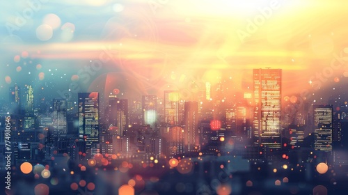 Enigmatic urban metropolis: abstract blurry cityscape illustration with bokeh lights, architectural elements, and urban ambiance