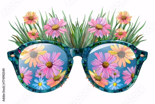 a pair of sunglasses with flowers reflected in them