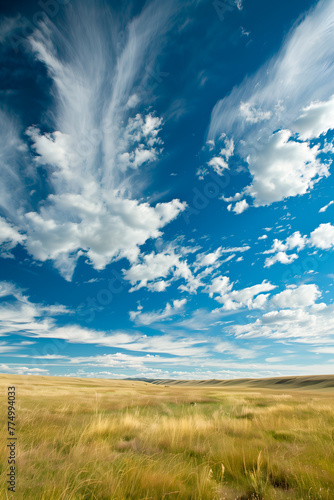 Dramatic cloudscape over a serene prairie with vibrant blue sky