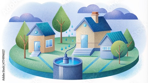 A diagram showcasing the benefits of using a rainwater harvesting system in a residential setting including lower utility bills and reduced