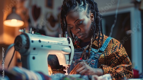 A seamstress meticulously repairs a garment, showcasing her expertise in sewing and pattern design, elevating tailoring services
