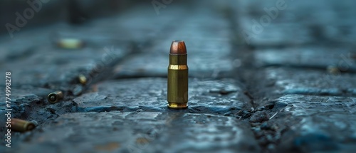Closeup of a 9mm bullet shell on a brick floor a key piece of evidence in a murder case. Concept Forensic Evidence, Crime Scene Photography, Bullet Shell, Murder Investigation, Key Evidence